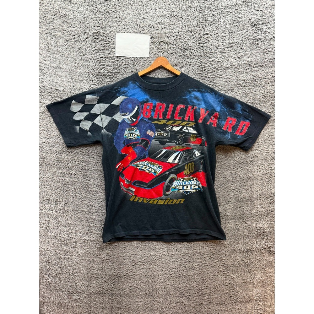 Vintage 1990s Logo Athletic AOP Brickyard 400 Invasion Nascar T-Shirt Black L